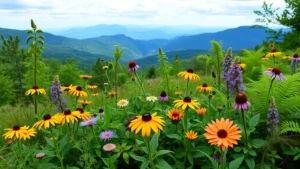 Mountain valley garden with native Appalachian wildflowers including black-eyed Susans, purple coneflowers, and ferns growing in natural landscape setting with blue ridge mountains visible in background