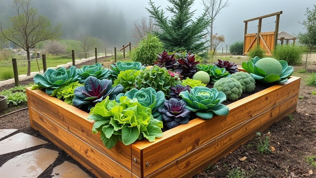 Modern raised garden bed filled with cool-season vegetables including kale, lettuce, and broccoli growing in mountain elevation garden with morning mist and stone pathway