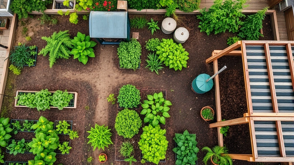 Overhead view of community garden plot with diverse plants, compost bin, and wooden structures showing sustainable urban agriculture practices in mountain town setting