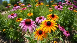 Wide-angle photograph of native Texas plants thriving in bright sunlight, featuring purple coneflowers, black-eyed Susans, and Texas lantana in a naturalistic garden setting with natural wood mulch, photorealistic botanical garden aesthetic