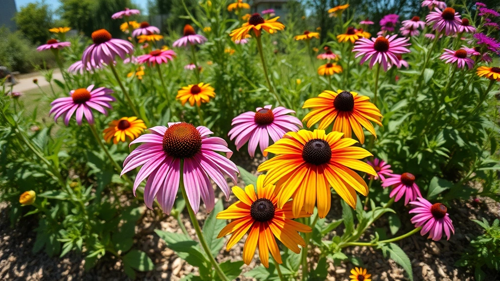 Wide-angle photograph of native Texas plants thriving in bright sunlight, featuring purple coneflowers, black-eyed Susans, and Texas lantana in a naturalistic garden setting with natural wood mulch, photorealistic botanical garden aesthetic