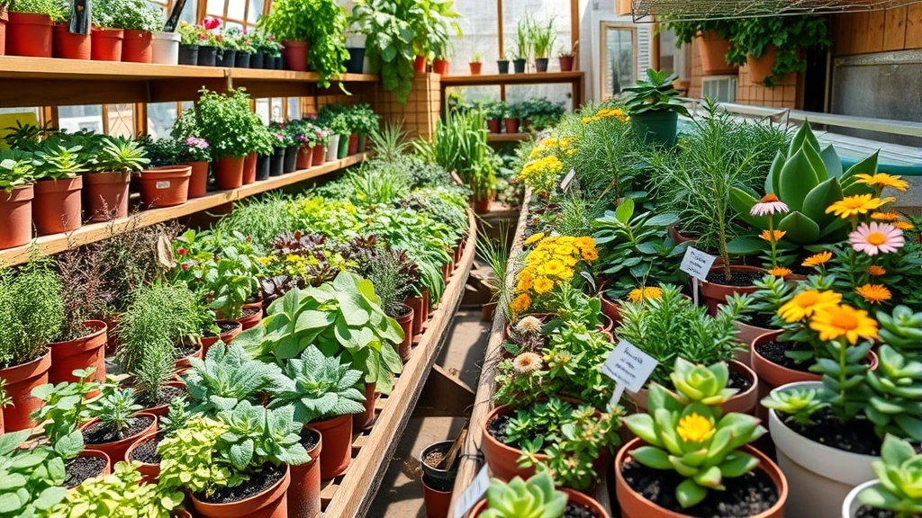 Close-up of diverse potted plants arranged on wooden shelves in a sunny nursery setting, showing herbs, succulents, and flowering plants with soil and gardening tools visible, natural daylight streaming across colorful foliage