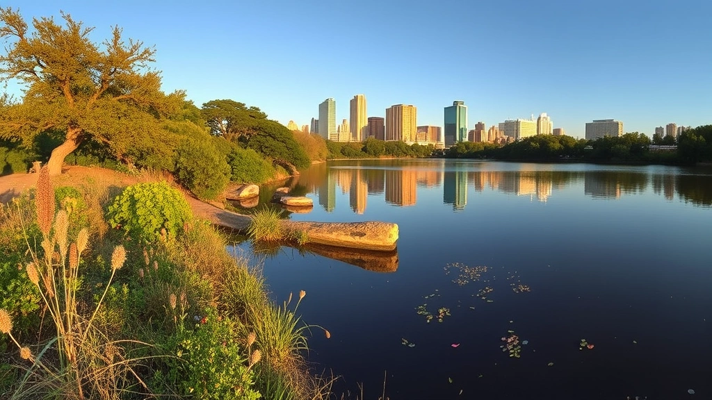 Panoramic view of Lady Bird Lake with native riparian plants along the shoreline, including native trees and understory vegetation reflecting in calm water, urban Austin skyline in background, natural ecological gardening demonstration