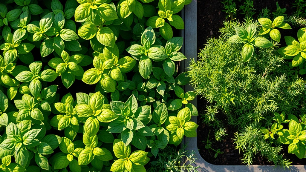 Overhead view of lush herb garden with basil, rosemary, and thyme plants growing in raised beds, morning sunlight filtering through leaves, vibrant green foliage
