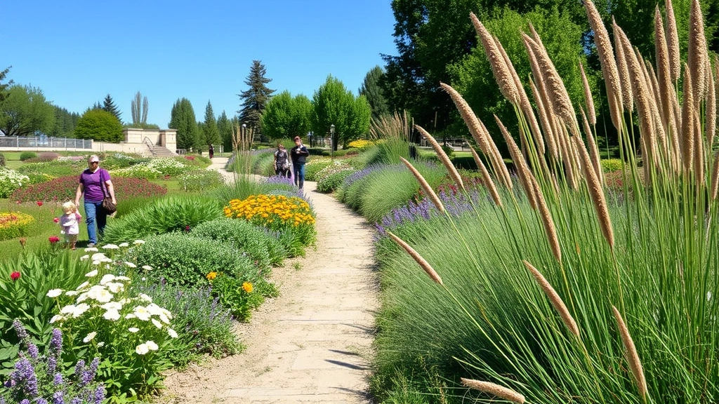 Boise Botanical Garden pathway lined with native perennials and ornamental grasses in full bloom, natural landscape design, natural daylight, walking visitors in background