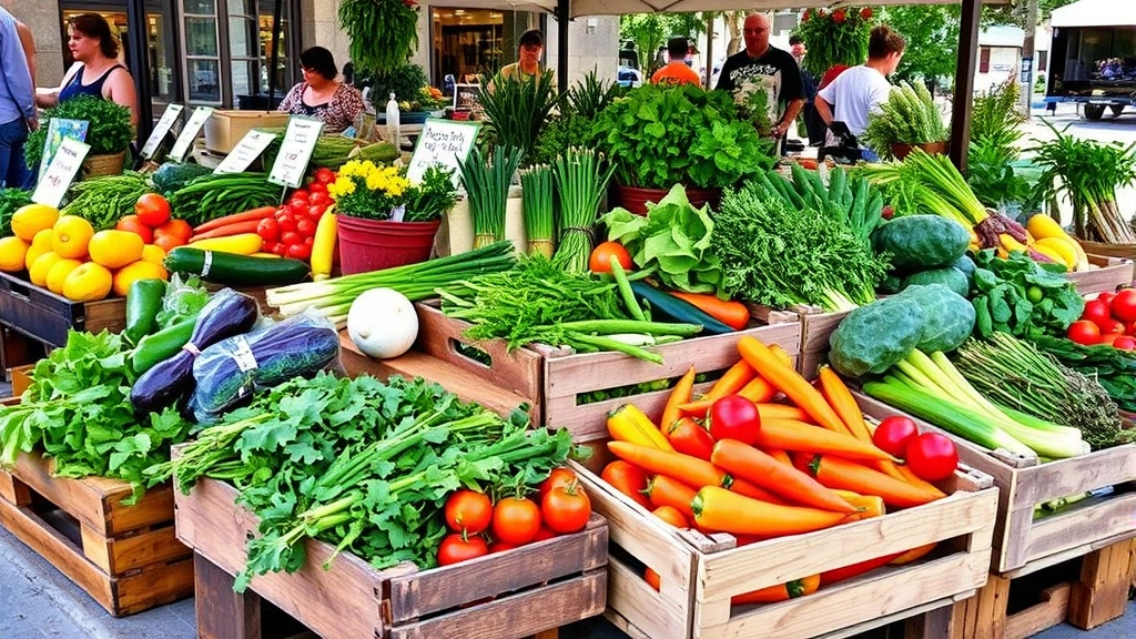 Downtown Boise farmer's market stall displaying fresh locally-grown vegetables and herbs in wooden crates, seasonal produce varieties, natural outdoor market setting, vibrant colors