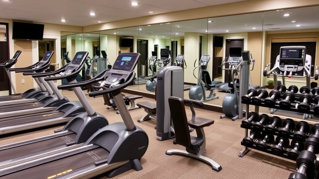 Hotel fitness center featuring cardio equipment, weight machines, and free weights arranged in well-lit space. Professional gym setup with mirrors, modern equipment, and organized layout for convenient workout routines.