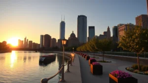 Serene Chicago River at sunset with architectural skyline reflection, riverwalk pathway lined with flowering trees and landscaping planters, soft golden hour lighting, no people visible