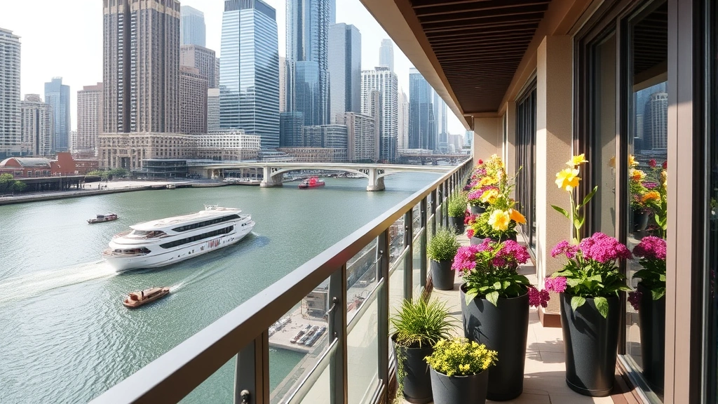Modern hotel balcony overlooking Chicago River with blooming window boxes and container gardens, river boats passing, downtown buildings in background, natural daylight