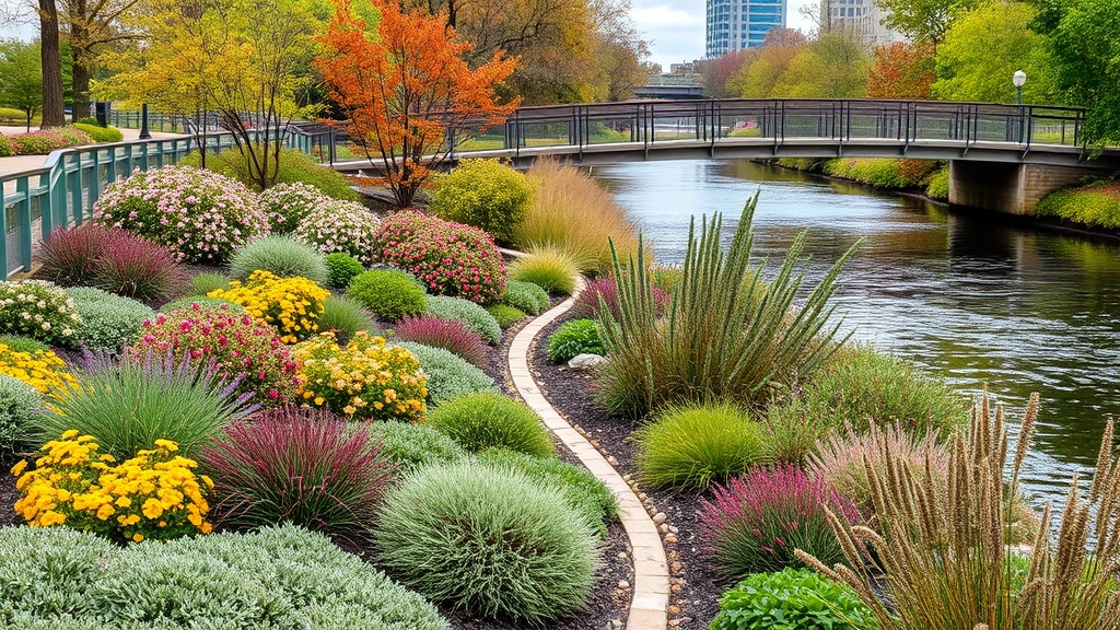 Seasonal riverwalk scene with mixed perennial plantings, flowering shrubs in landscape beds, pedestrian bridge crossing river, urban garden aesthetic with natural vegetation