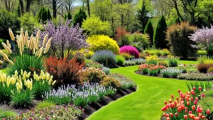 Lush Connecticut garden in spring with blooming perennials, flowering shrubs, and manicured landscape beds under natural daylight, showing regional gardening aesthetic