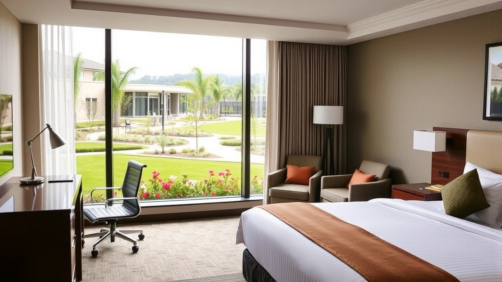 Modern hotel room with work desk, comfortable seating, and floor-to-floor windows overlooking landscaped grounds with flowering plantings and green spaces