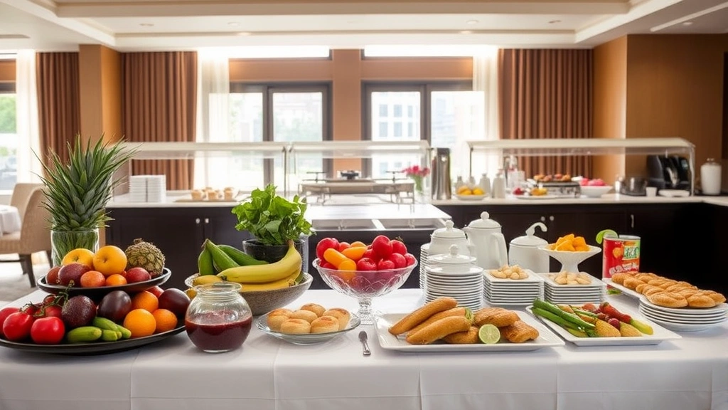 Upscale hotel breakfast buffet display featuring fresh seasonal fruits, vegetables, pastries, and morning items on white linens with natural morning light streaming through windows