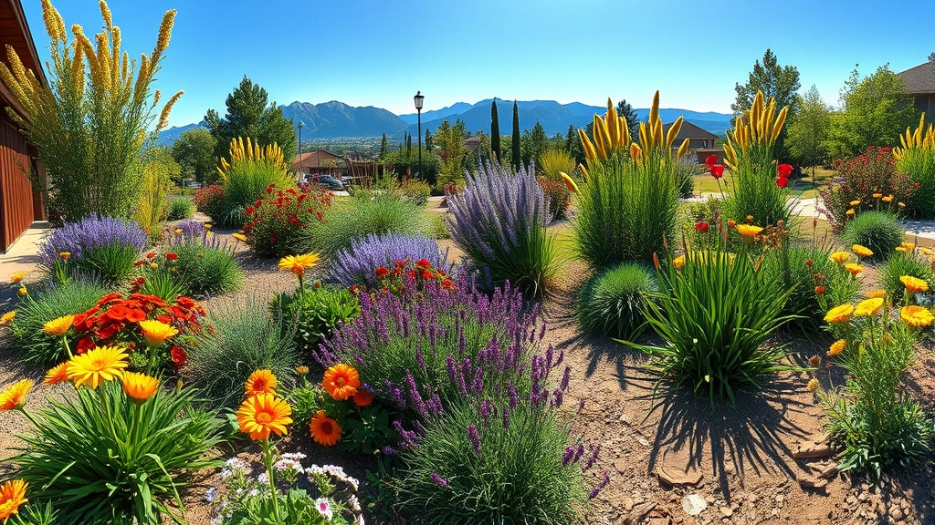 Wide-angle view of a thriving Denver front yard garden with colorful perennials, ornamental grasses, and native wildflowers in full bloom during summer, mountains visible in background, intense sunlight creating distinct shadows, dry alkaline soil visible