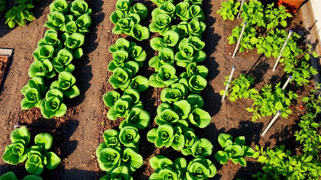 Overhead shot of a productive vegetable garden in Denver with neat rows of lettuce, tomato plants with stakes, pepper plants, and herb containers, drip irrigation visible, mulched beds, afternoon shadows from surrounding structures