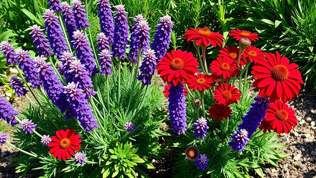 Vibrant blanket flowers and Russian sage growing together in a Denver garden bed with natural sunlight, showing their purple and red blooms against green foliage
