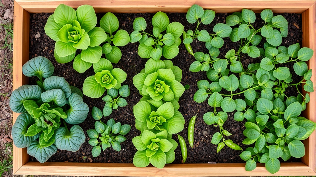 Overhead view of a healthy raised garden bed filled with lettuce, spinach, and peas at different growth stages in a Denver backyard setting