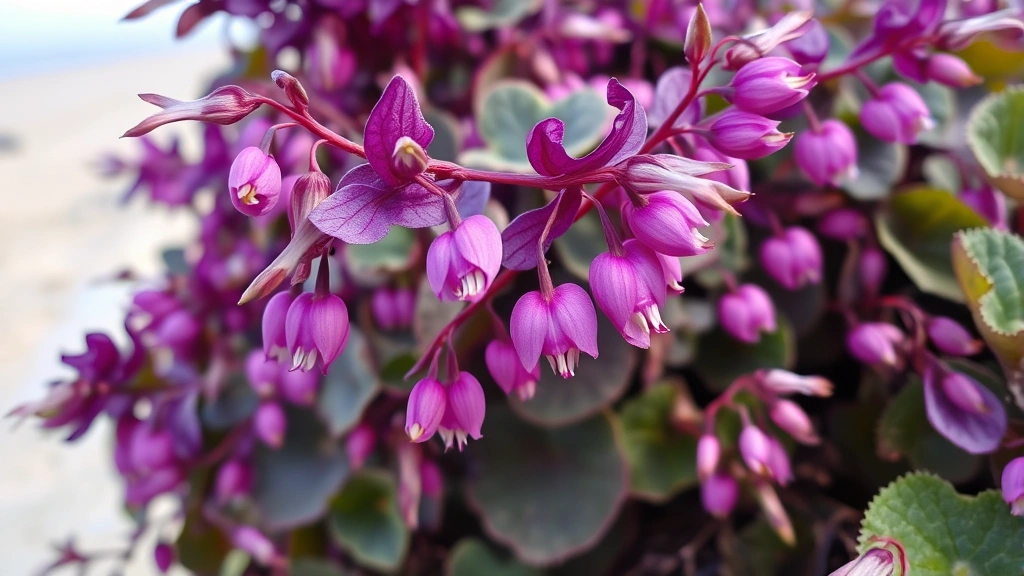 Close-up of purple heart plant with vibrant violet foliage and delicate pink flowers swaying in coastal breeze, sandy beach visible softly blurred in background