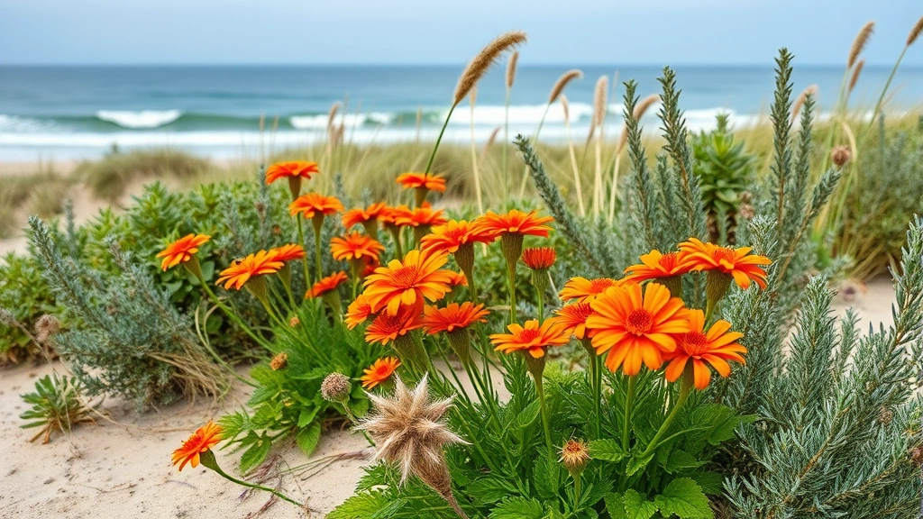 Lush coastal garden bed with lantana clusters in orange and red tones, sea oats, and rosemary plants thriving in sandy soil with ocean dunes behind