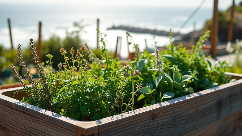 Rustic wooden raised garden bed filled with herbs including thyme, oregano and sage with morning sunlight and coastal landscape backdrop