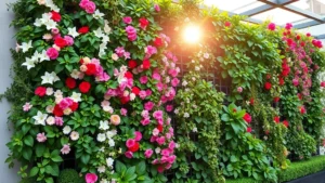 Lush vertical garden wall with cascading flowering plants and green foliage, morning sunlight illuminating diverse plant textures and colors on modern trellis system
