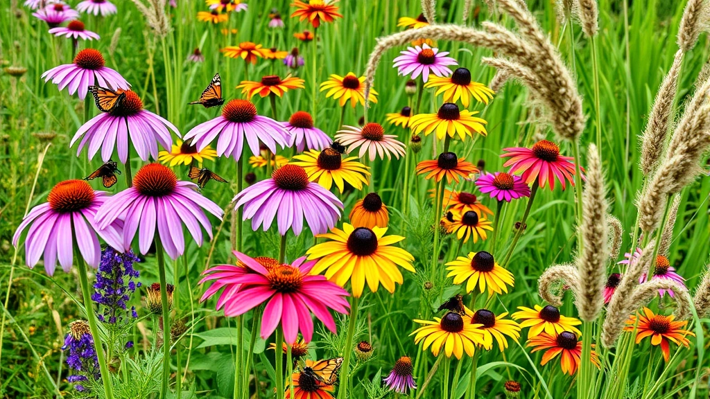 Native wildflower pollinator garden in full bloom with butterflies and bees, featuring purple coneflowers, black-eyed Susans, and ornamental grasses in natural habitat setting