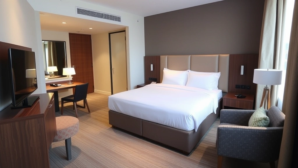 Modern hotel room with neatly made bed, work desk, and neutral décor in warm tones, showing clean furnishings and contemporary amenities