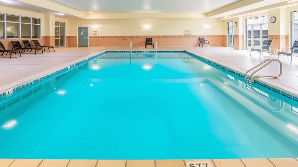 Indoor swimming pool with clear water, lounge chairs, and professional lighting, surrounded by clean tile and well-maintained poolside area