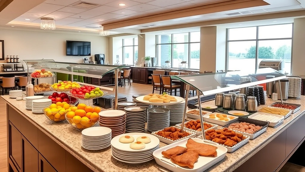 Breakfast buffet spread with fresh fruits, pastries, eggs, meats, beverages, and serving stations in a bright dining room with comfortable seating