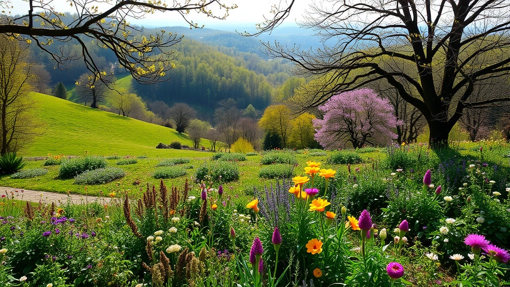 Lush Virginia Piedmont landscape with rolling hills covered in diverse flowering plants, native wildflowers, and deciduous trees in spring bloom, morning sunlight filtering through branches, garden photography style