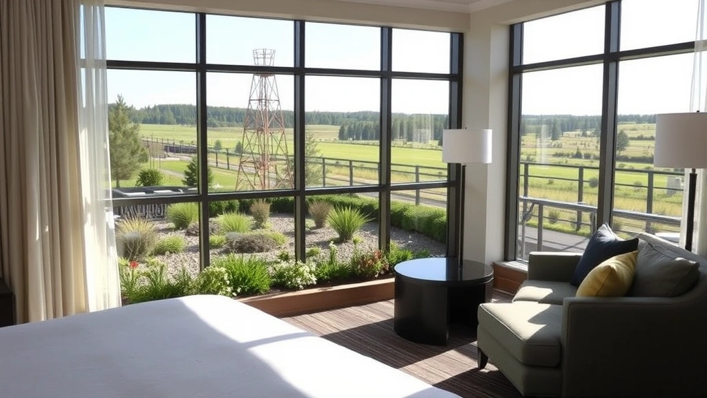 Modern hotel room with large windows overlooking manicured garden beds featuring seasonal plantings, comfortable seating area, natural light highlighting landscape views, contemporary hospitality setting