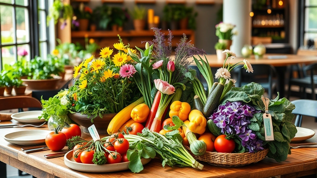 Farm-to-table restaurant table setting with fresh local produce, seasonal vegetables, herbs, and flowers as table centerpiece, farm market aesthetic, natural lighting, culinary gardening focus