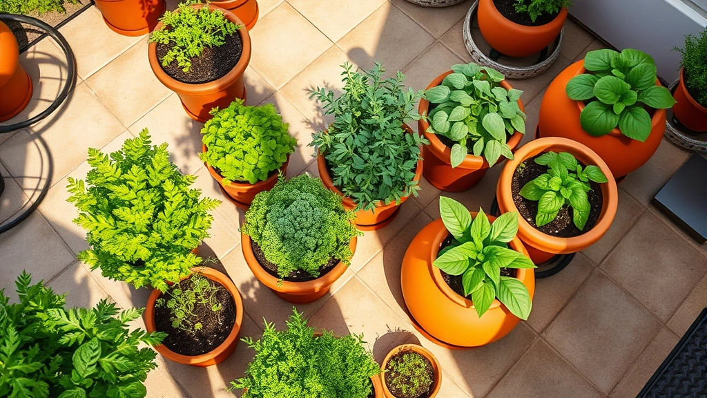 Overhead view of multiple terra cotta and ceramic containers with vibrant green herbs and leafy vegetables arranged on a hotel courtyard patio, morning sunlight casting long shadows, professional landscaping aesthetic