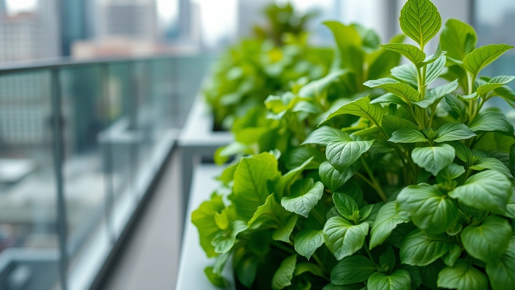 Close-up of fresh lettuce and basil plants thriving in large rectangular planters on a modern hotel balcony, city skyline blurred in background, green foliage healthy and abundant