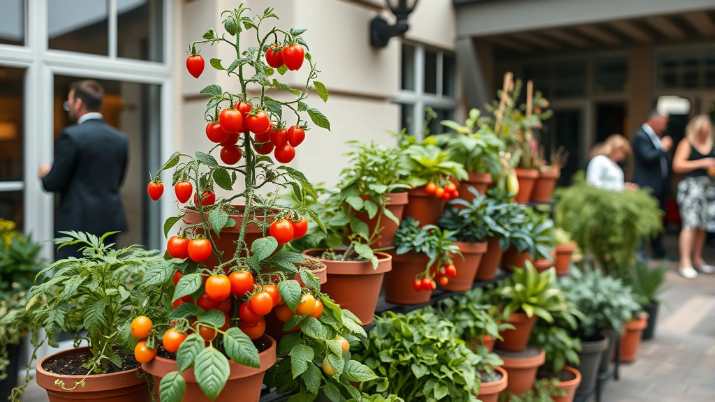 Wide shot of tiered container garden display featuring cherry tomato plants, peppers, and ornamental herbs in various pot sizes stacked against a hotel building wall, guests visible in soft focus enjoying the space