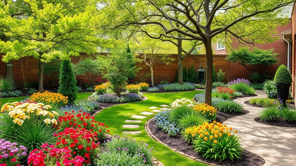 Lush courtyard garden with blooming perennials, shade trees, and stone pathways in Kansas City spring, professional landscaping design