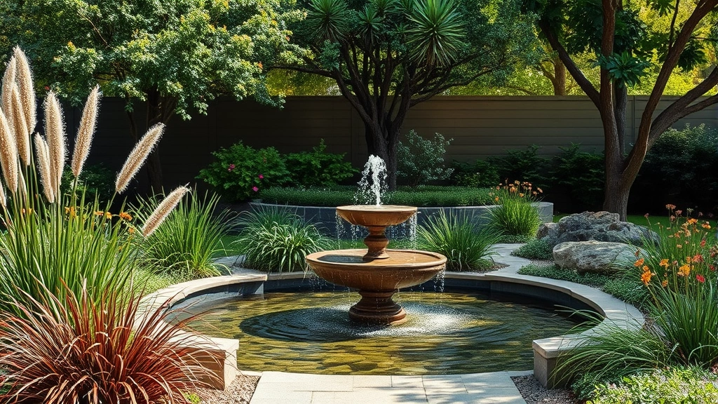 Modern water fountain surrounded by ornamental grasses, flowering shrubs, and shade-providing trees creating peaceful garden atmosphere