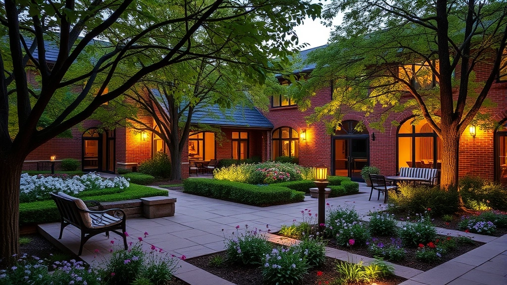 Evening courtyard seating area with soft lighting, bench furniture, mature trees providing dappled shade, mixed perennial borders in full bloom