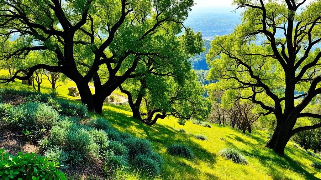 Lush green Griffith Park hillside with native California oak trees and chaparral shrubland, afternoon sunlight filtering through foliage, hiking trail visible in background, mountain vista