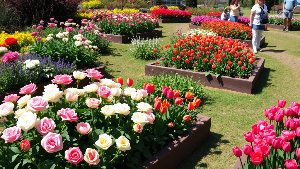 Vibrant spring garden display with blooming roses, tulips, and perennials in raised beds, garden path winding through colorful plantings, visitor exploring garden path, natural daylight
