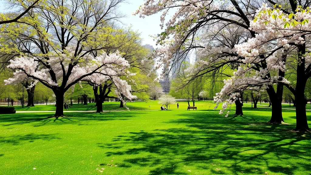 Lush Central Park landscape with flowering cherry trees and green meadows in spring, natural sunlight filtering through leaves, no people visible