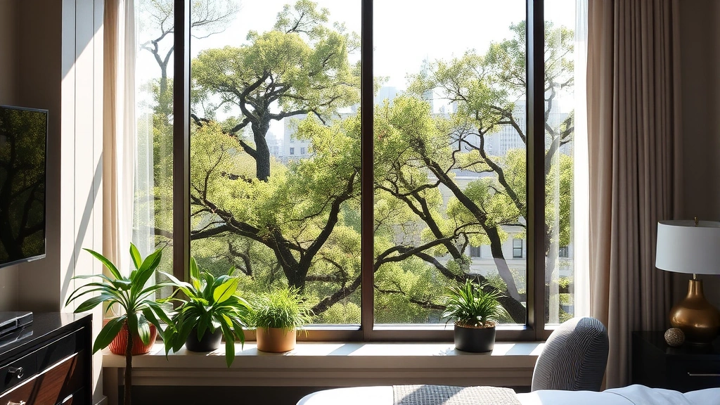 Modern hotel room interior with floor-to-ceiling window overlooking Central Park's tree canopy, natural plants on windowsill, bright afternoon light