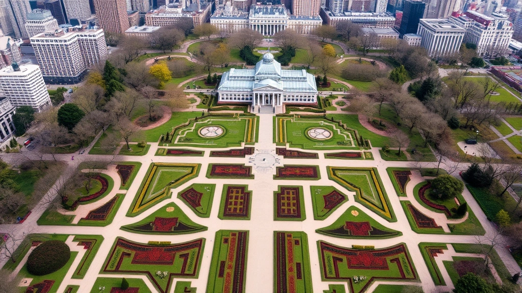 Aerial view of Central Park Conservatory Garden showing formal geometric planting beds with seasonal flowers, pathways, and surrounding urban cityscape