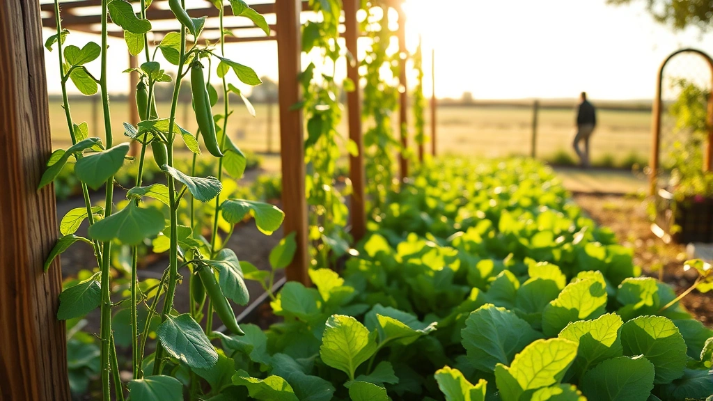 Lush spring vegetable garden with young pea plants climbing wooden trellises, fresh lettuce and spinach in foreground, morning sunlight filtering through, Texas landscape background