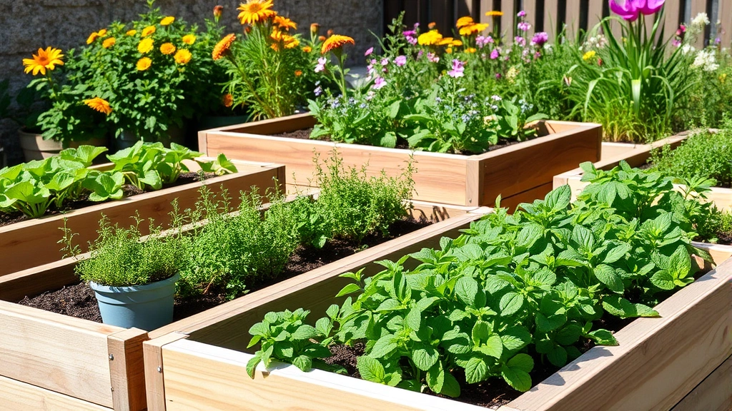Colorful raised cedar garden beds filled with thriving spring vegetables, mint in containers, native Texas wildflowers blooming in background, bright natural lighting