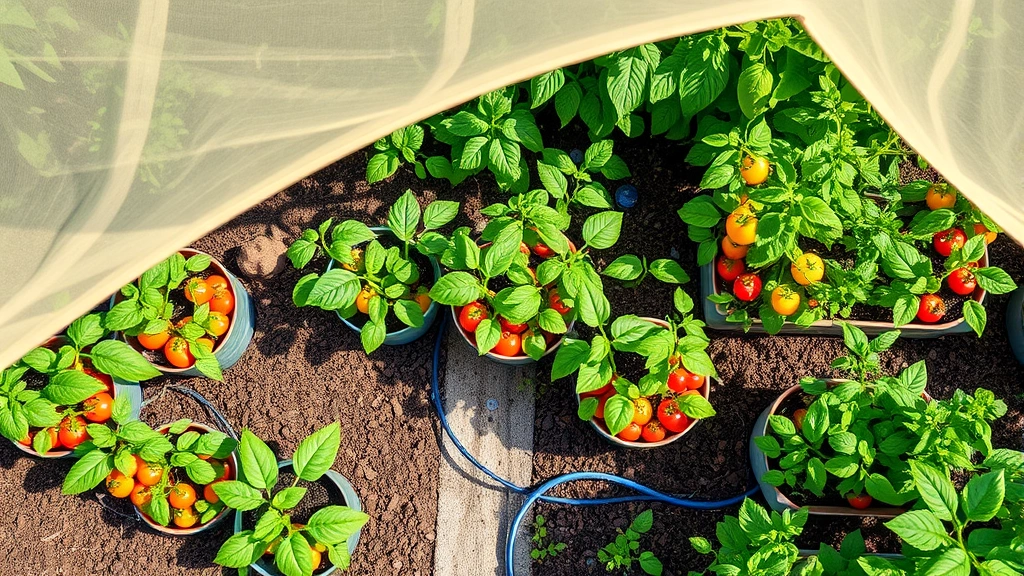 Overhead view of mature North Houston summer garden with tomato plants, pepper plants in containers with afternoon shade cloth, mulched beds, drip irrigation system visible, healthy foliage throughout