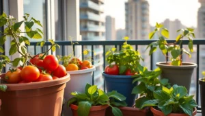 Colorful vegetable containers on urban apartment balcony with tomatoes, peppers, and lettuce plants in various sized pots under morning sunlight