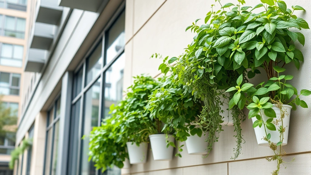 Vertical herb garden wall with cascading basil, mint, and thyme in wall-mounted containers on modern city building exterior