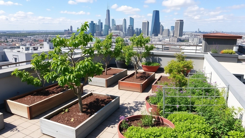 Rooftop urban garden with dwarf fruit trees, raised beds, and ornamental plants overlooking cityscape with blue sky