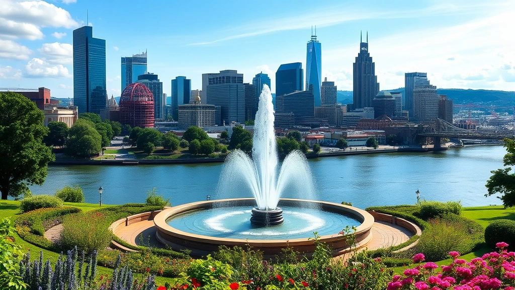 Panoramic view of Pittsburgh downtown skyline with Point State Park fountain in foreground, lush green landscaping and river views visible, urban botanical garden aesthetic with flowering plants and trees